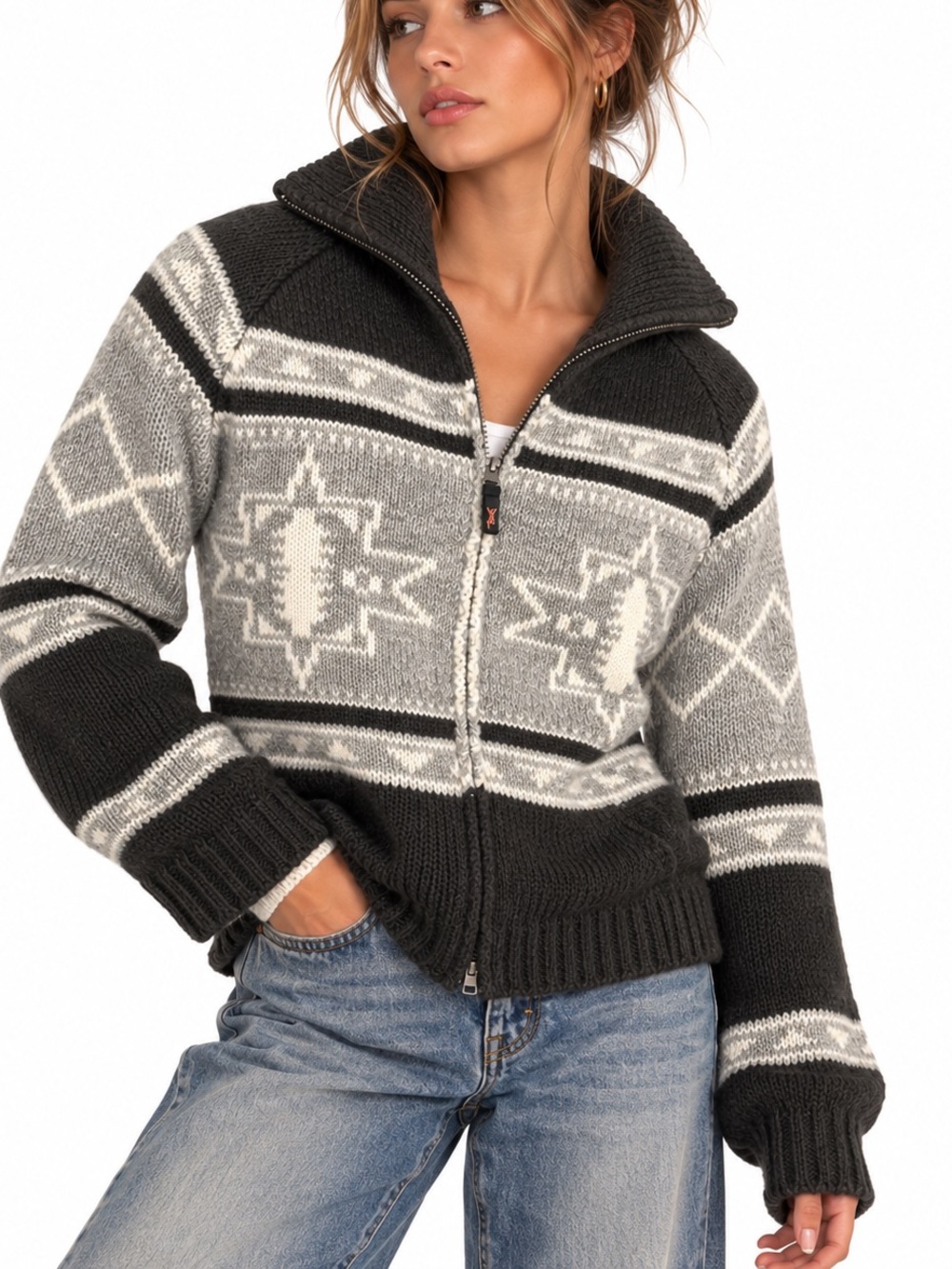 NWT Triple Five Soul Wool Blend Fair Isle Zip Sweater L Nordic Y2K